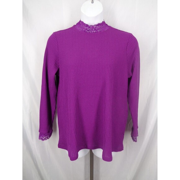 LOGO Lori Goldstein Purple Metallic Waffle Knit Mock Neck Top Lace Sz Large New - Picture 2 of 15